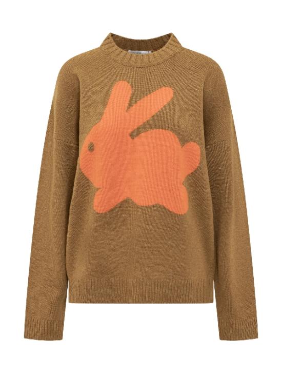 Relaxed Fit Brown Knit Sweater With Graphic Rabbit Design