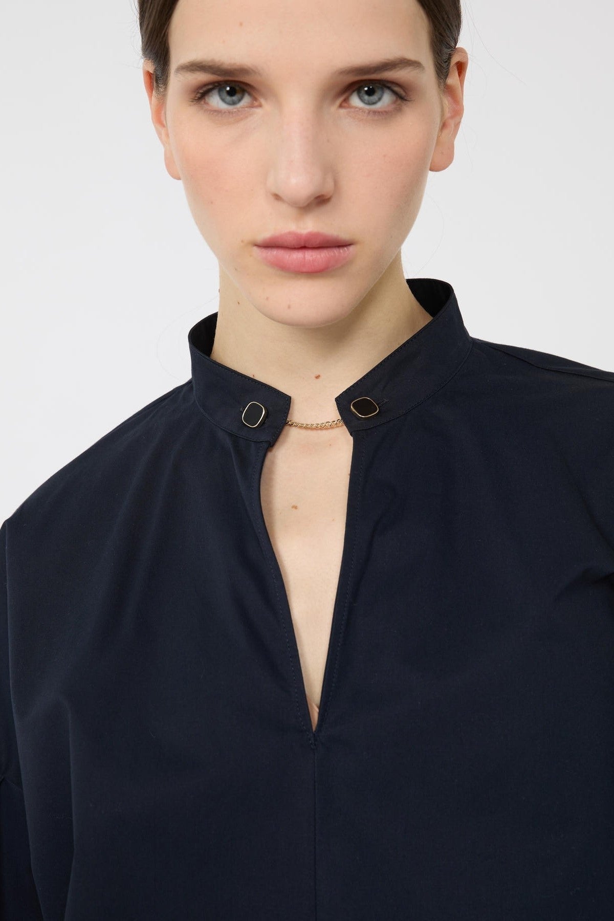 Balloon Sleeve Top with Stand-Up Collar and V-Neckline