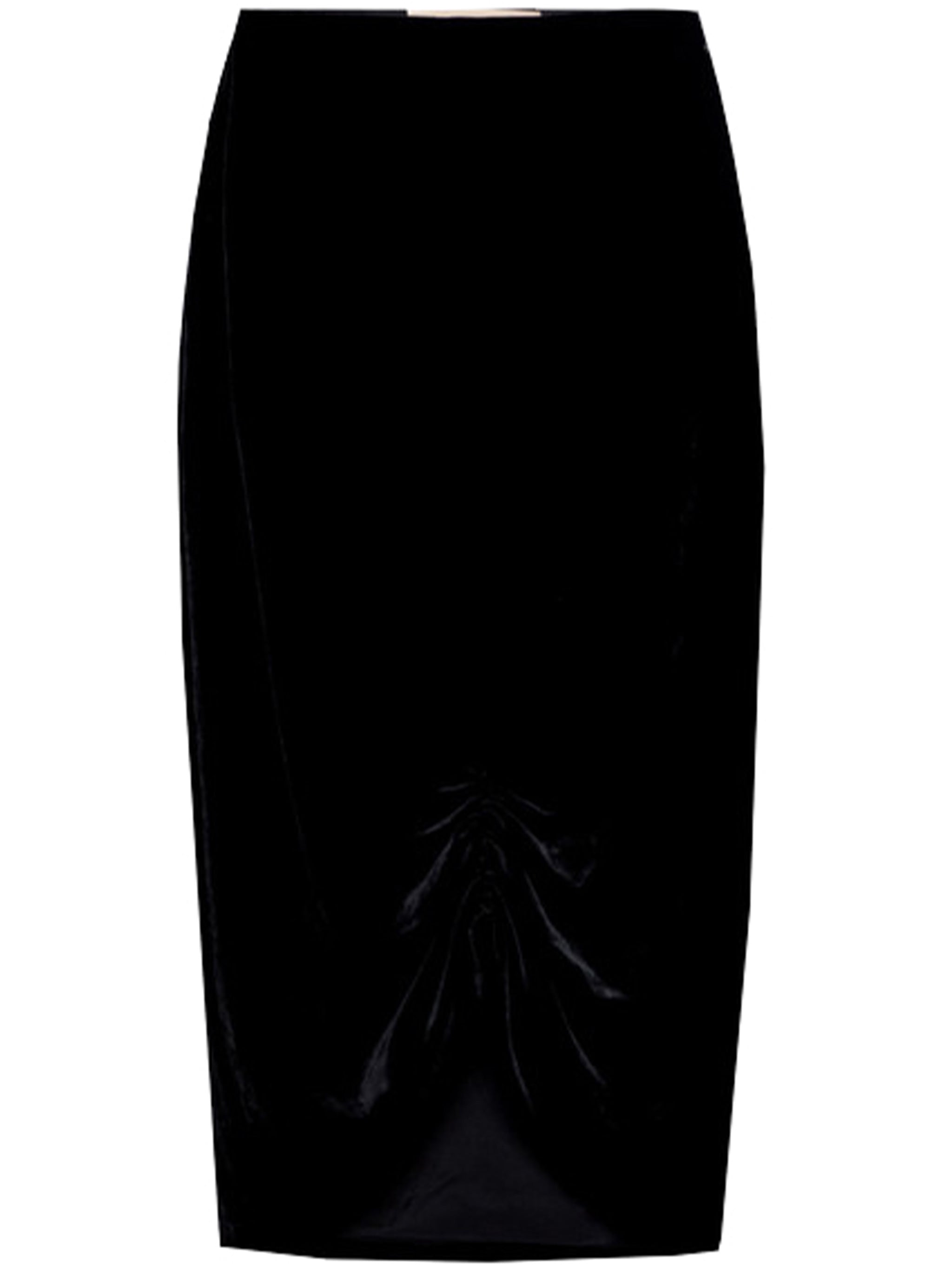 Black Fitted Gathered Front Midi Skirt