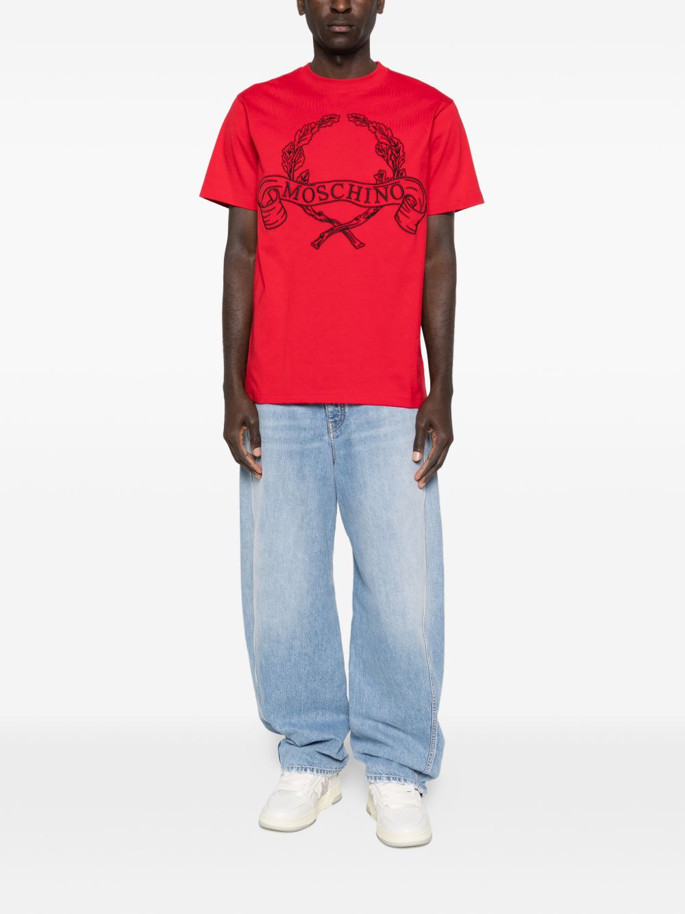 Graphic Red Silk-Nylon T-Shirt with Wreath Design