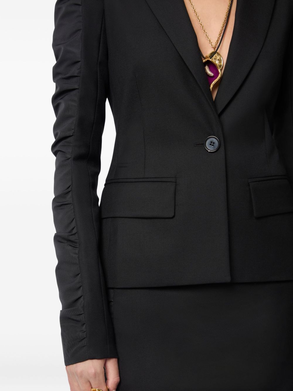 Tailored Black Jacket With Structured Lapels And Ruched Detailing