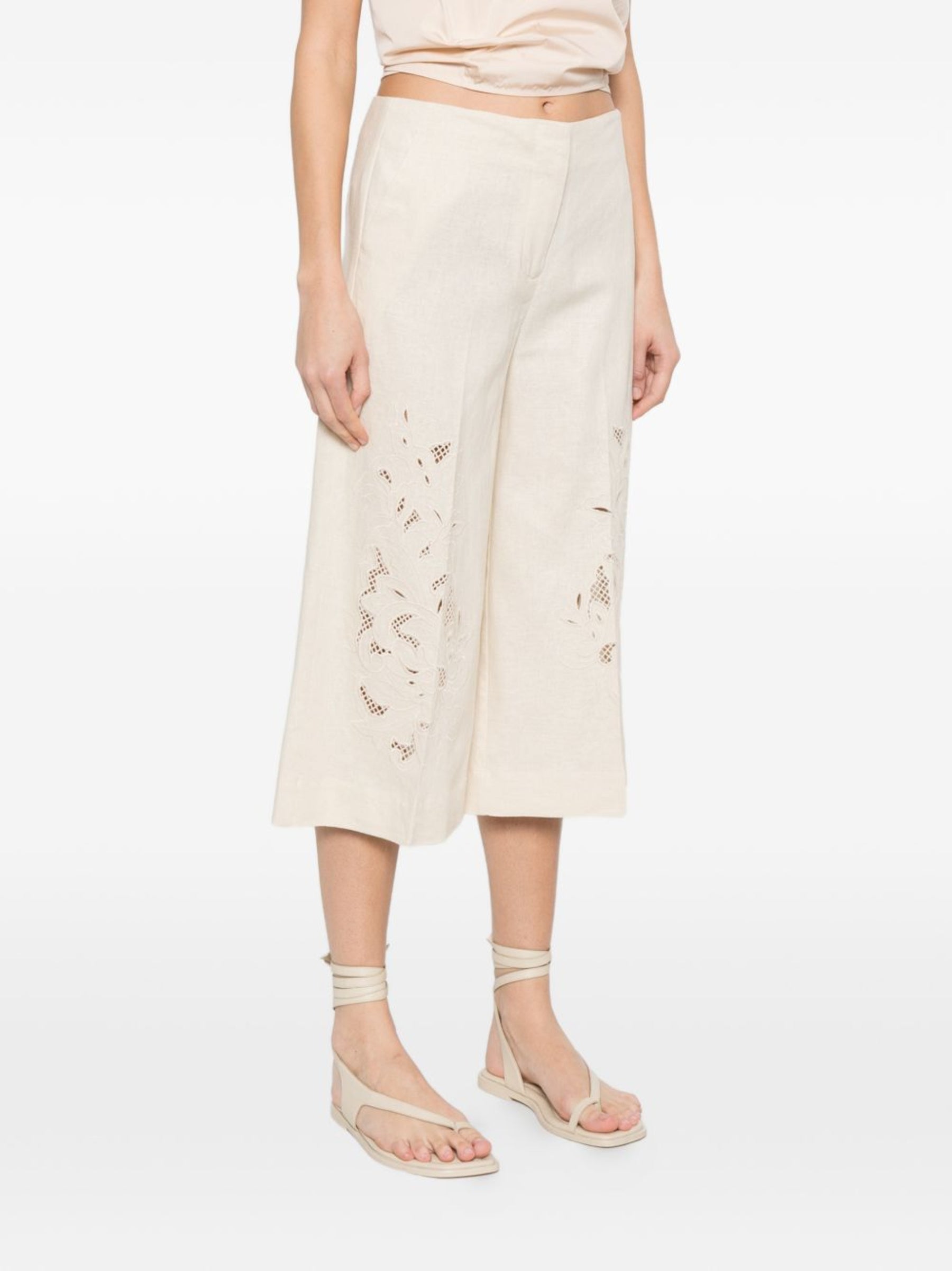 Wide-Leg Cropped Pants with Intricate Floral Embroidery