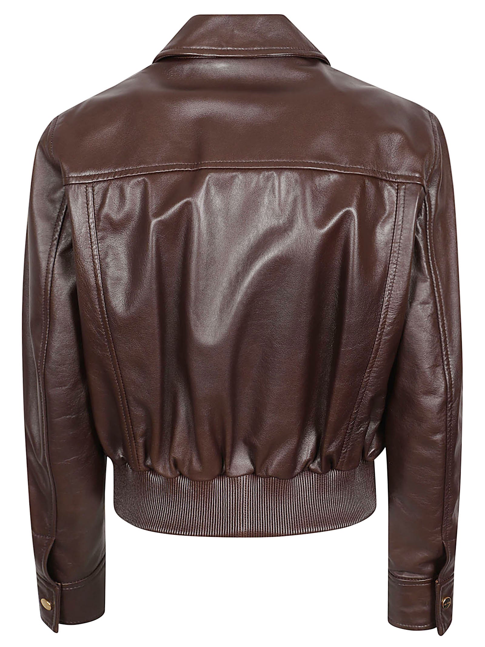 Brown Lamb Leather Jacket with Classic Collar and Gold-Tone Accents