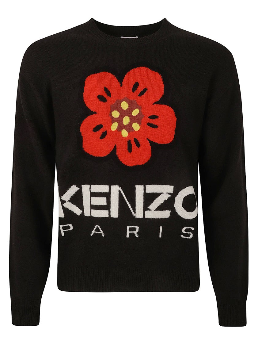 Sweter dzianinowy z motywem kwiatowym, czarny