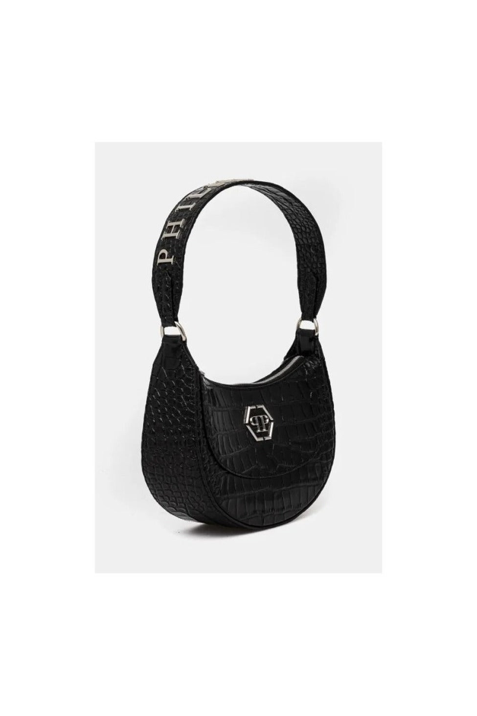 Textured Crocodile Pattern Handbag With Logo Detail