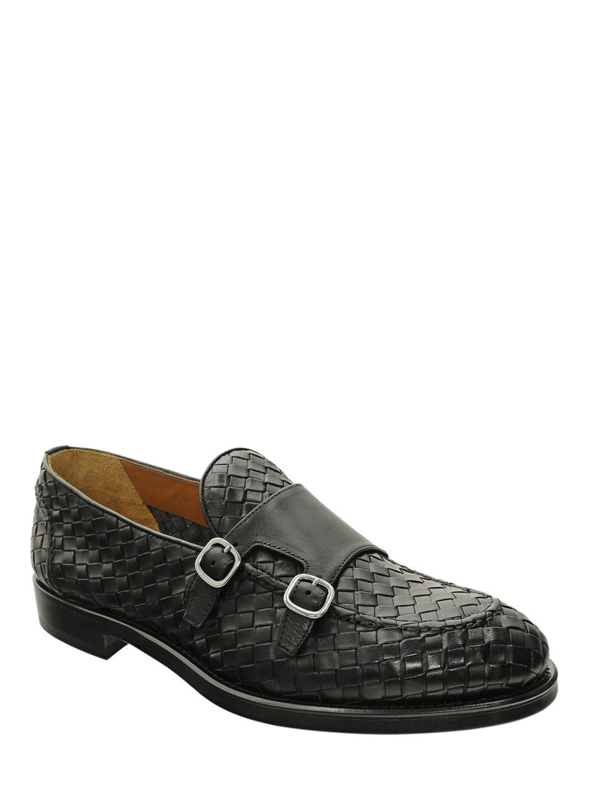 Woven Black Calf Leather Loafers With Dual Buckle Accents