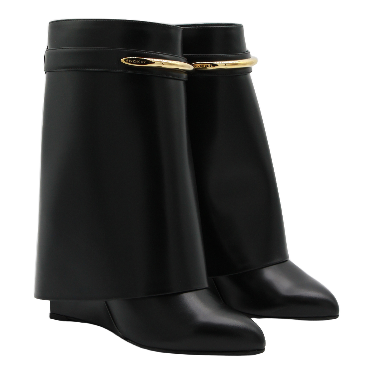 Flared Black Leather Boots with Wedge Heel