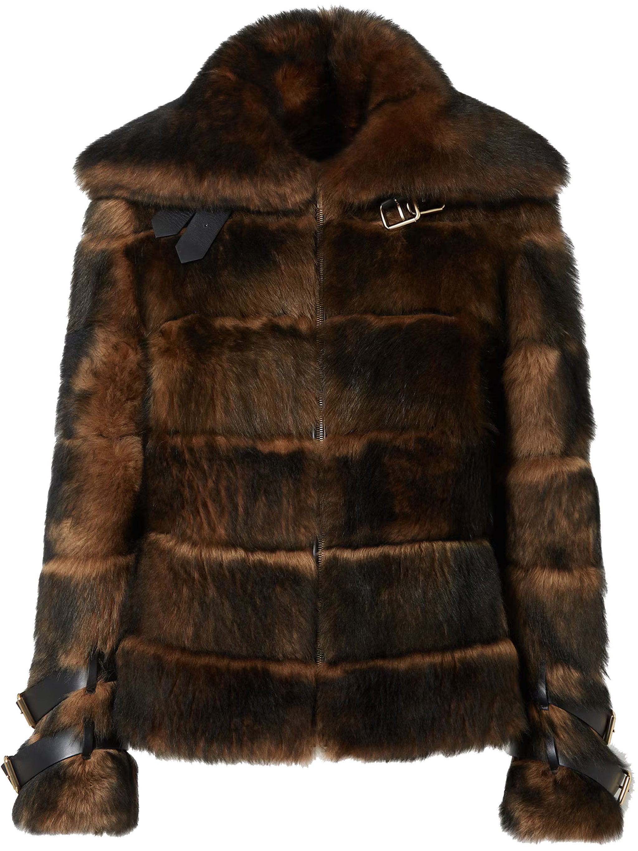 Structured Dark Brown Shearling Jacket with Buckle Details