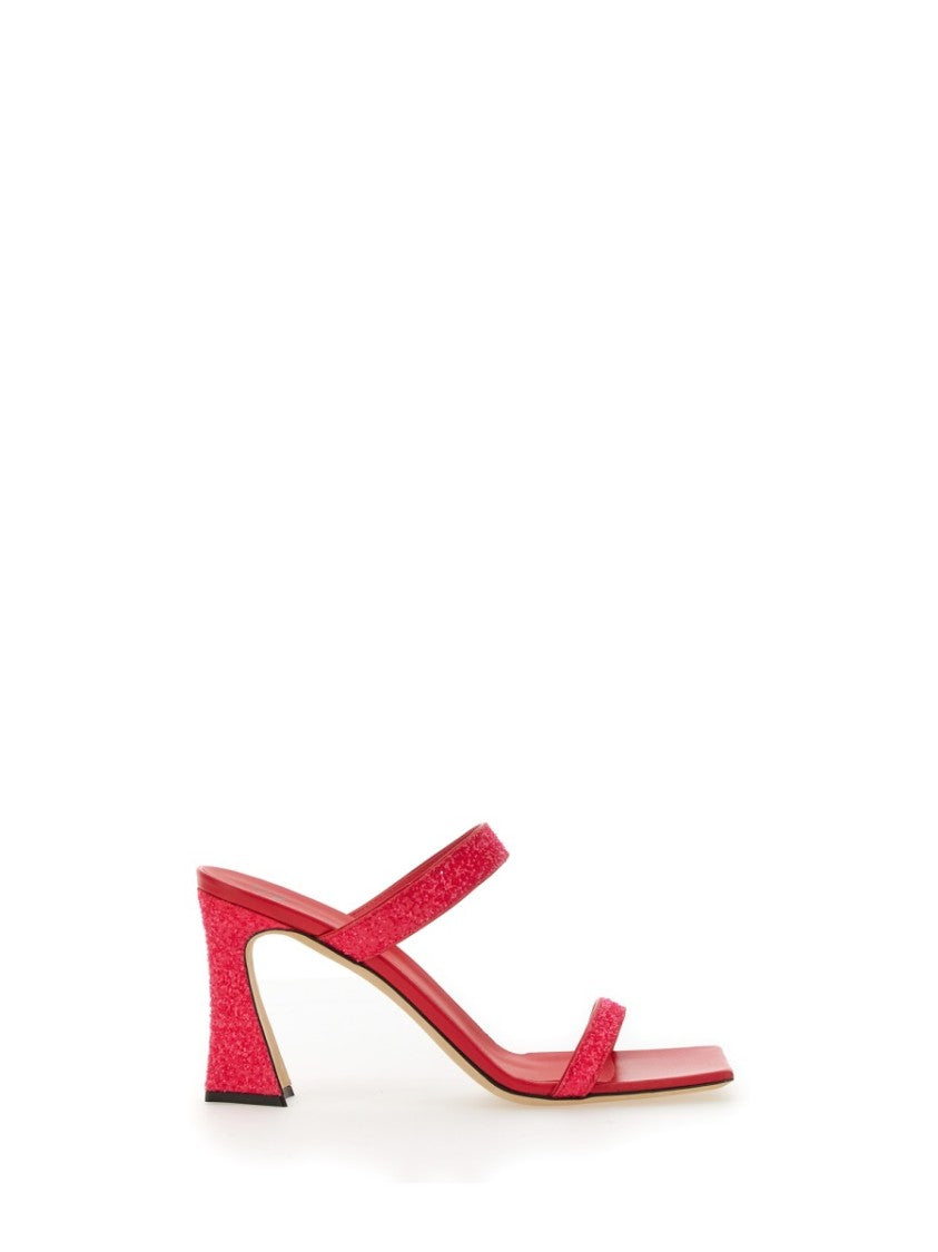 Glitter-Embellished Red Mules With Square Toe