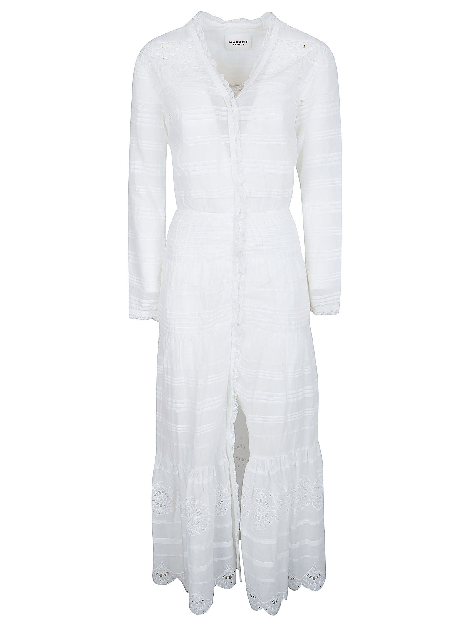 Long White Dress with Crochet Lace Inserts and Asymmetrical Hem