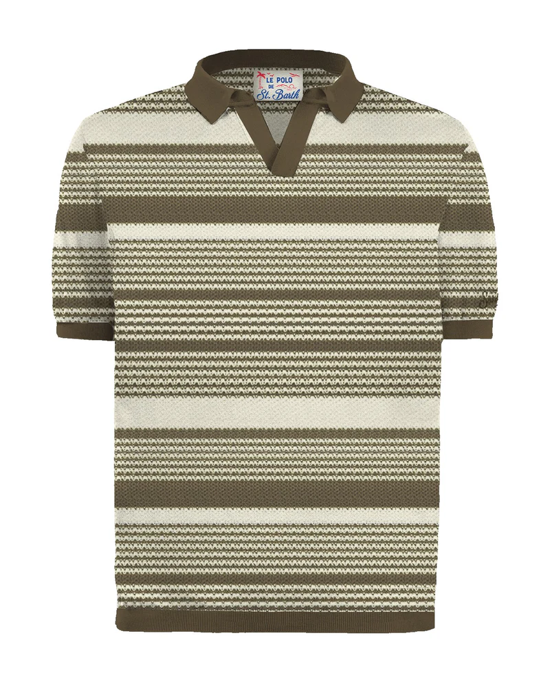 Textured Striped Polo Shirt with V-Neck