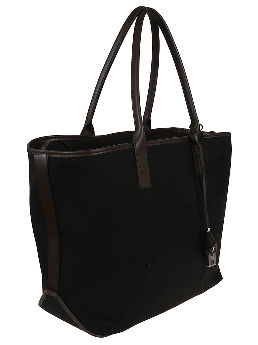 Spacious Black Leather And Canvas Shoulder Bag