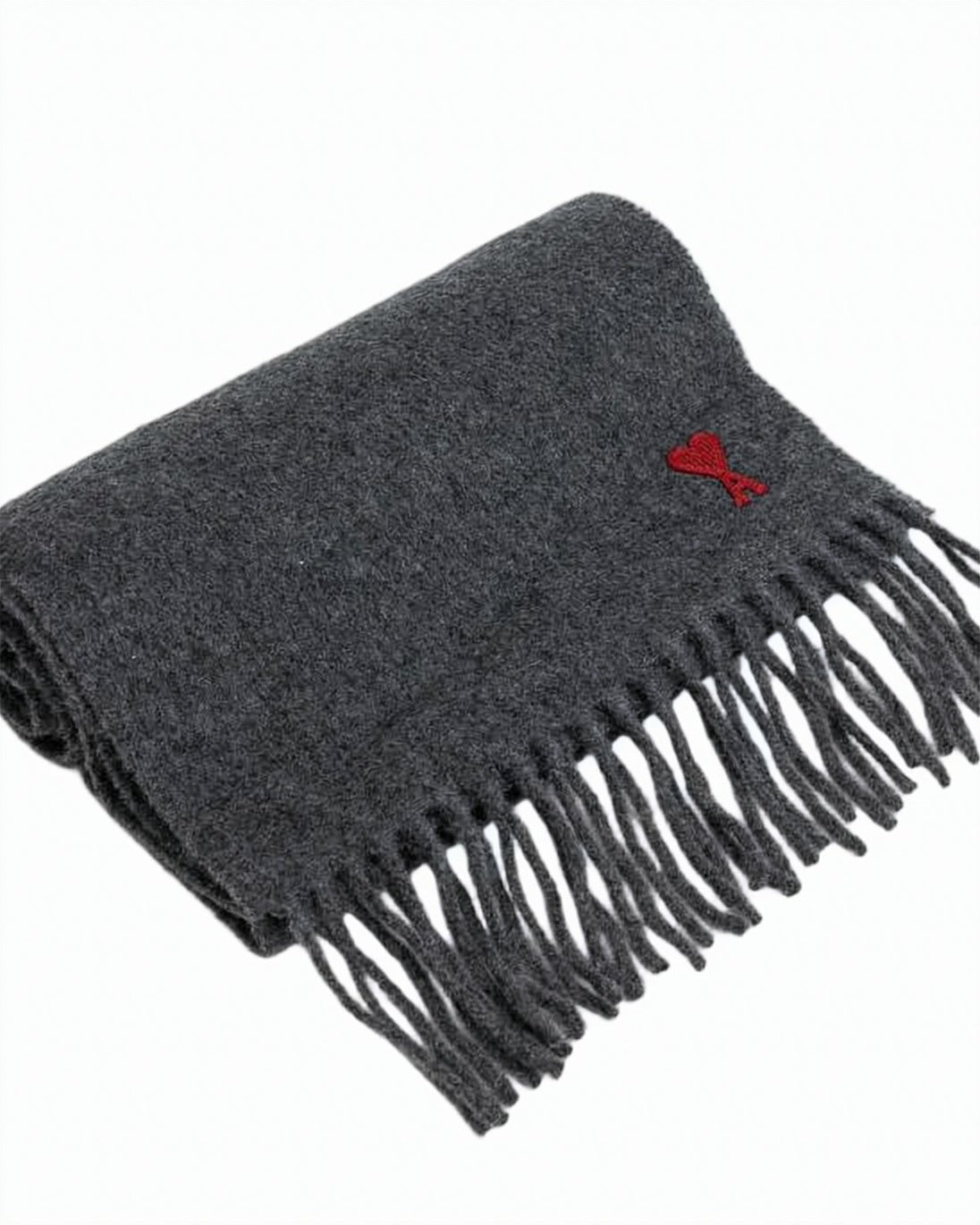 Textured Dark Grey Wool Scarf With Embroidered Logo