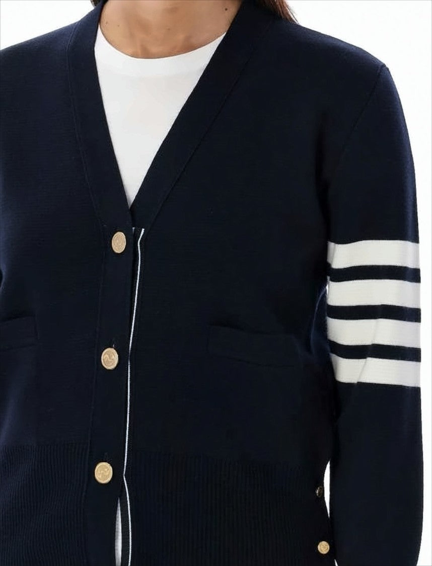 Classic V-Neck Merino Wool Cardigan with Striped Detail