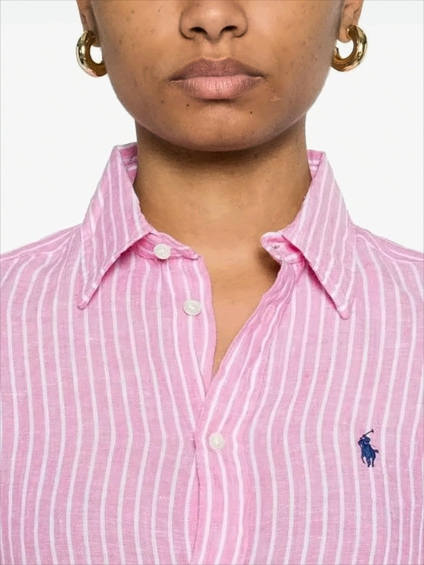 Pink Striped Linen Blouse With Classic Button-Down Design