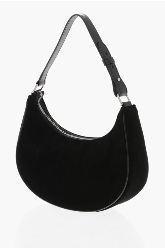 Crescent-Shape Velvet Shoulder Bag with Embellished Logo