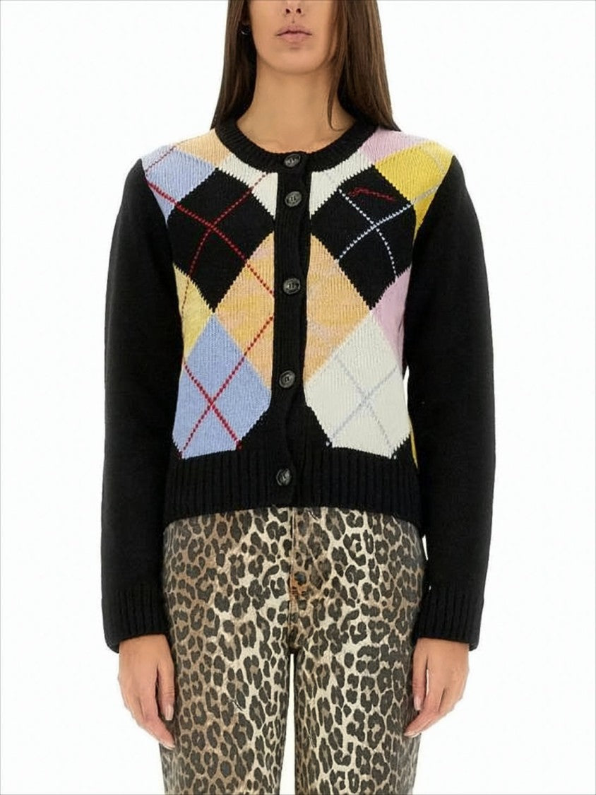 Button-Up Cardigan With Pastel Argyle Pattern And Ribbed Cuffs