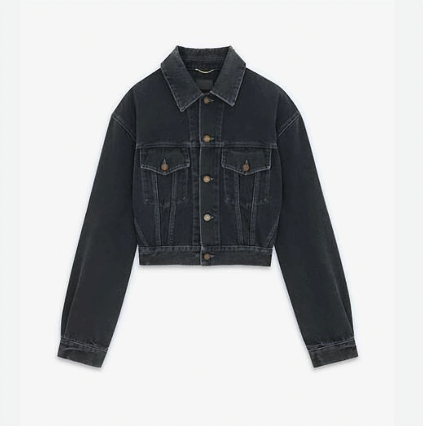 Cropped Black Denim Jacket with Classic Button-Up Front