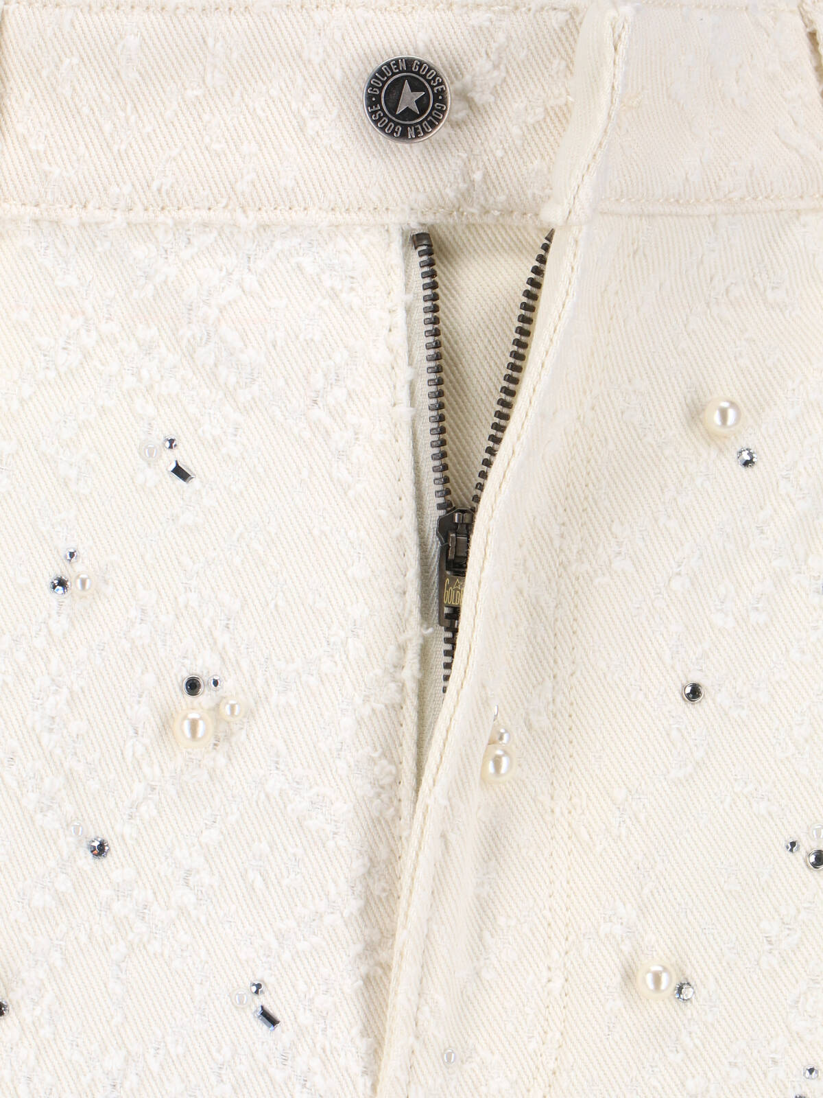 High-Waisted White Denim Jeans with Crystal Embellishments