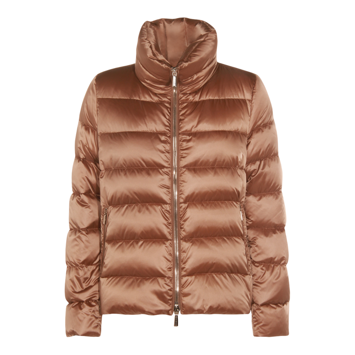 Quilted Camel Coat with High Collar