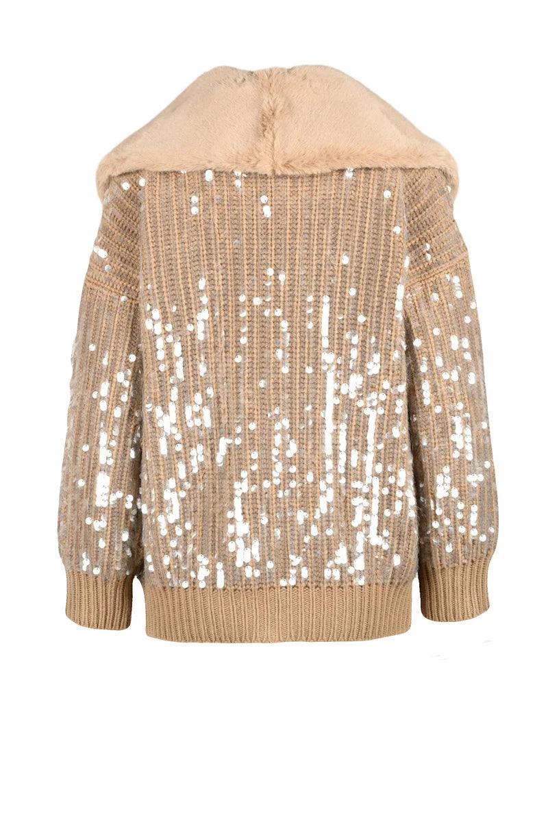 Sequin/Plush Cardigan - Beige