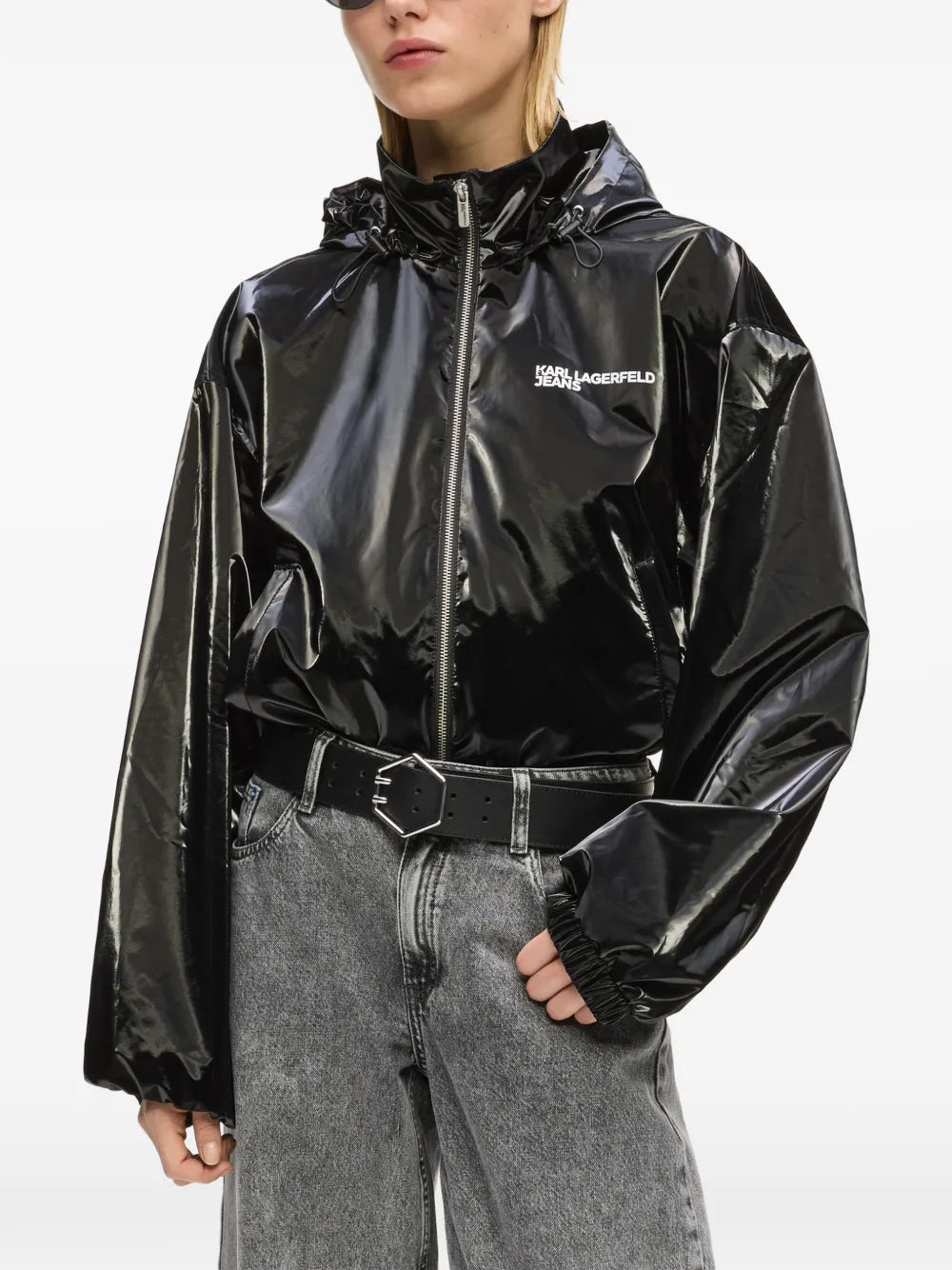 Glossy Black Cropped Jacket with High Collar