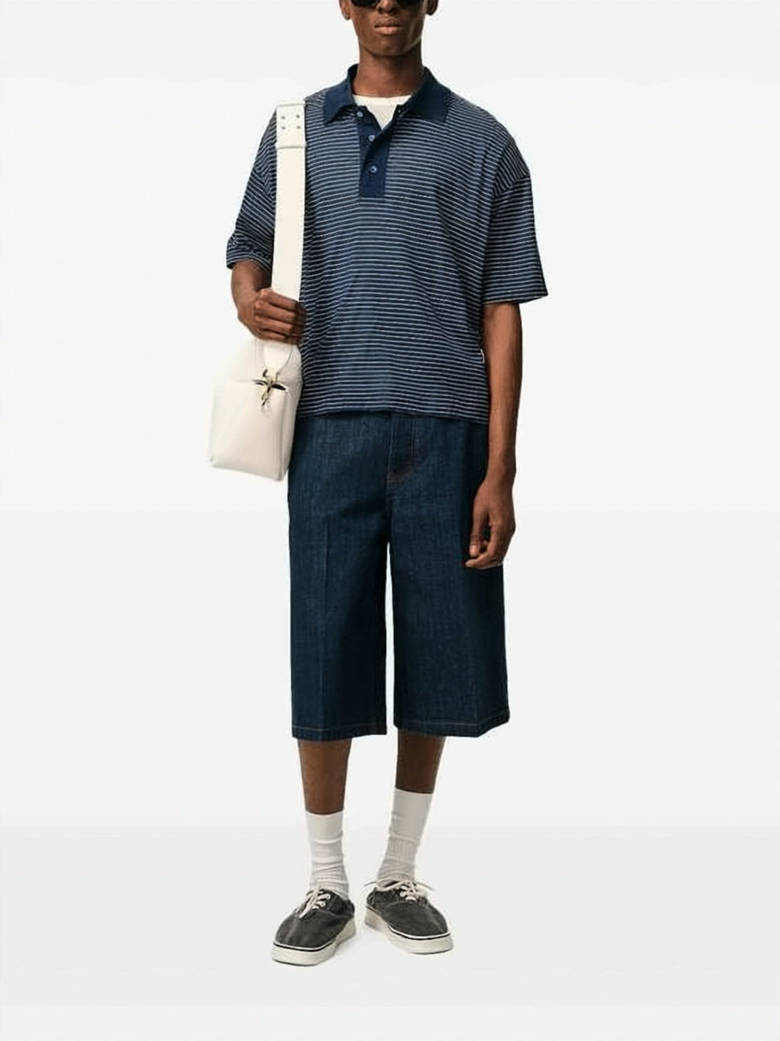 Cropped Navy Blue Striped Polo Shirt With Heart Logo