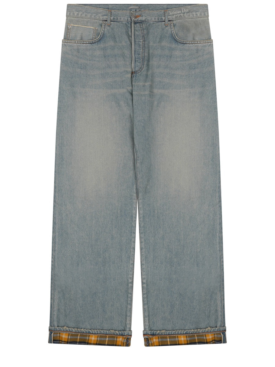 Relaxed Fit Straight-Leg Jeans With Contrasting Plaid Lining