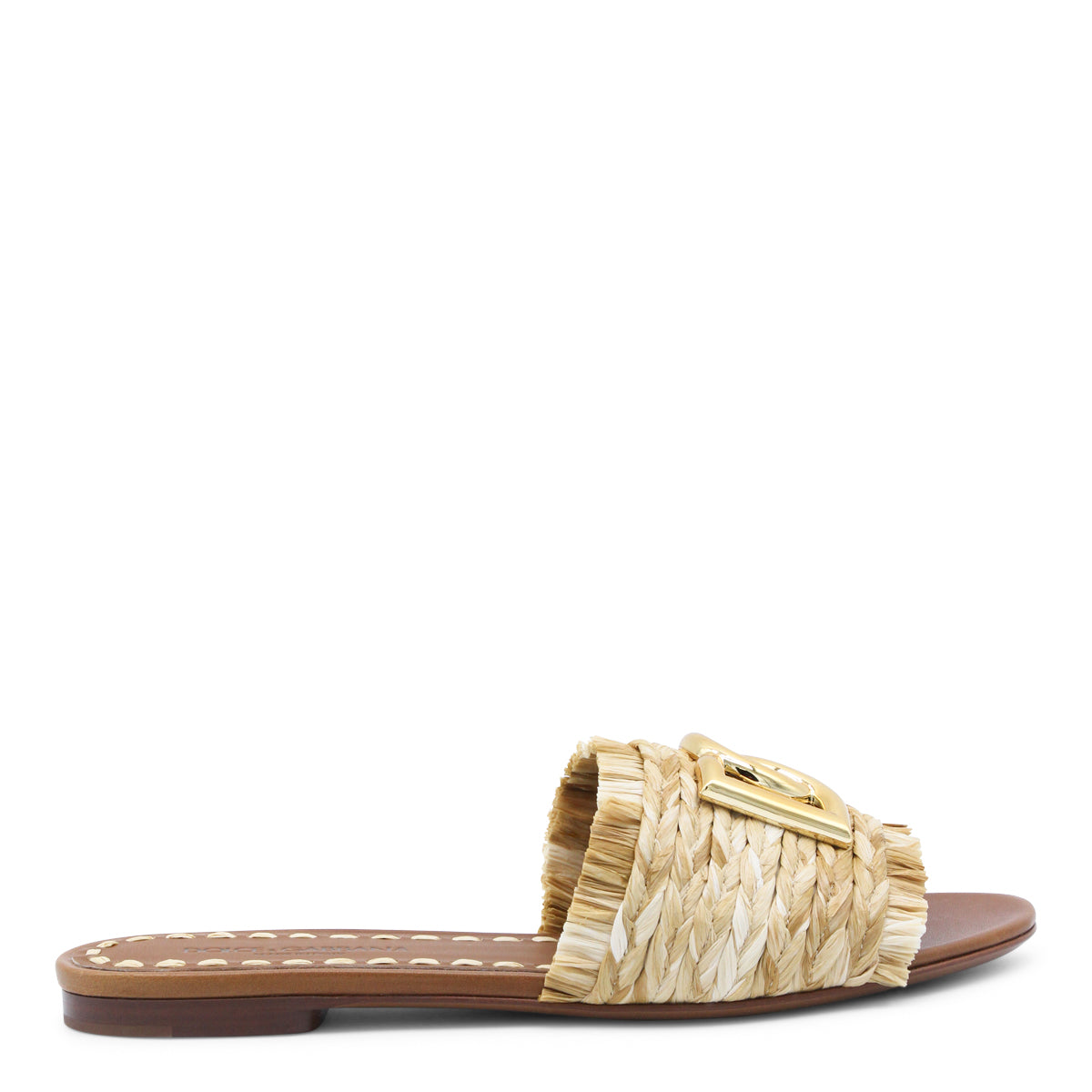 Beige Leather Open-Toe Raffia Flats