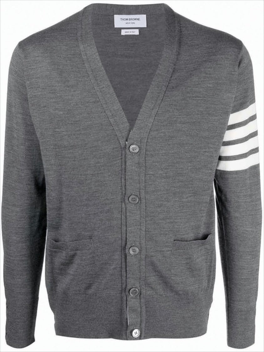V-Neck Grey Wool Cardigan with Signature Striped Detail