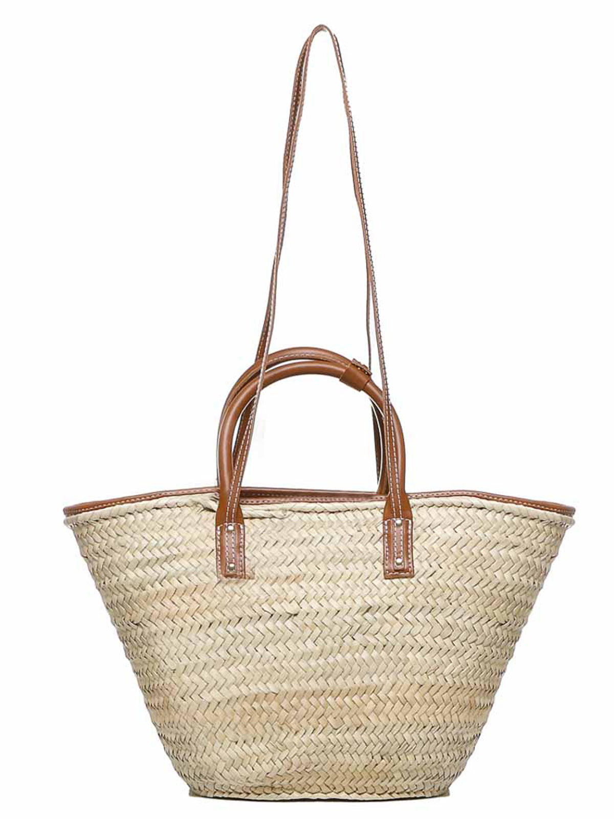 Woven Straw Tote Bag With Leather Trim And Handles