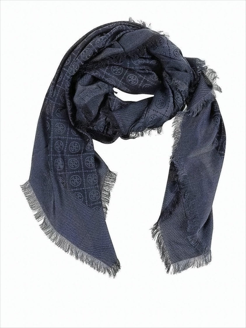 Navy Silk-Wool Blend Scarf with Geometric Motifs