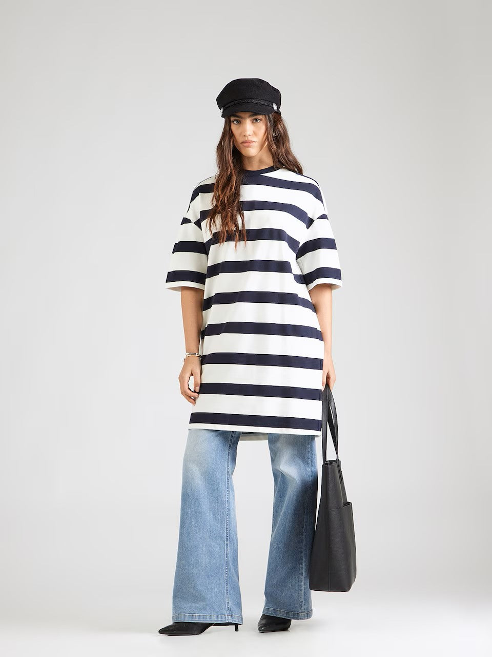 Short-Sleeve Striped Mini Dress with Round Neckline