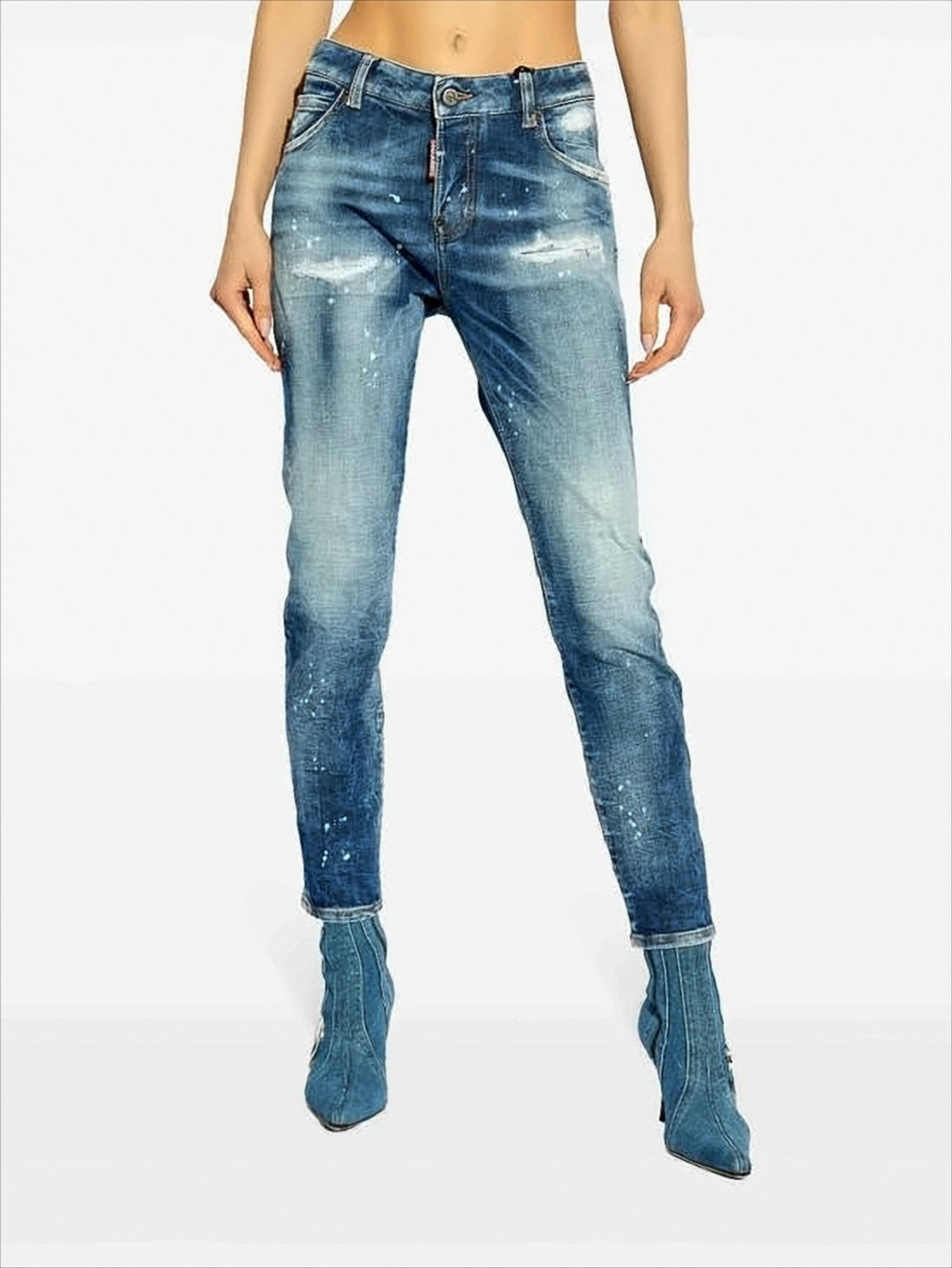 Ankle-Length Denim Pants with Distressed Detailing