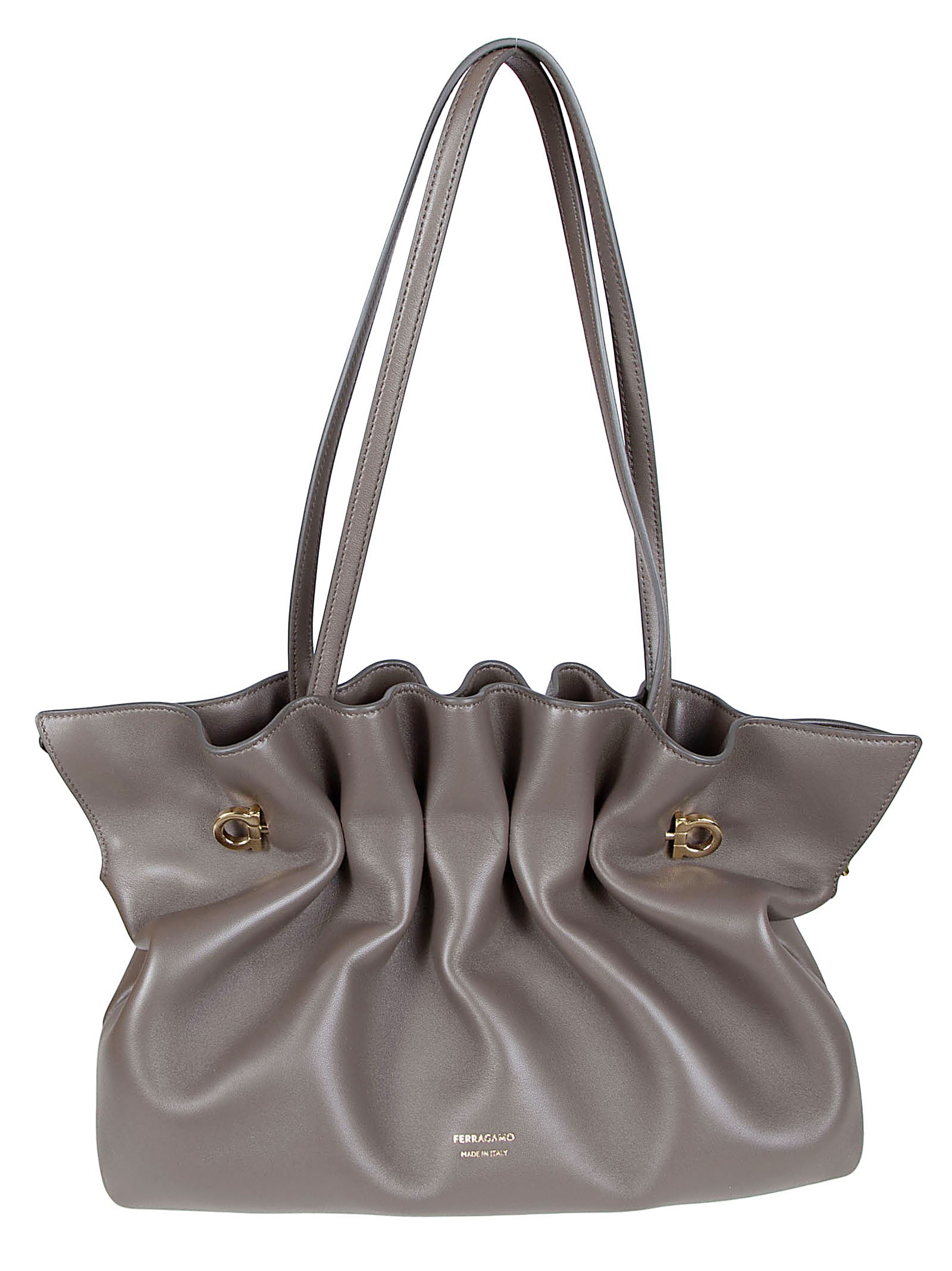 Ruched Grey Lamb Leather Shoulder Bag with Dual Straps