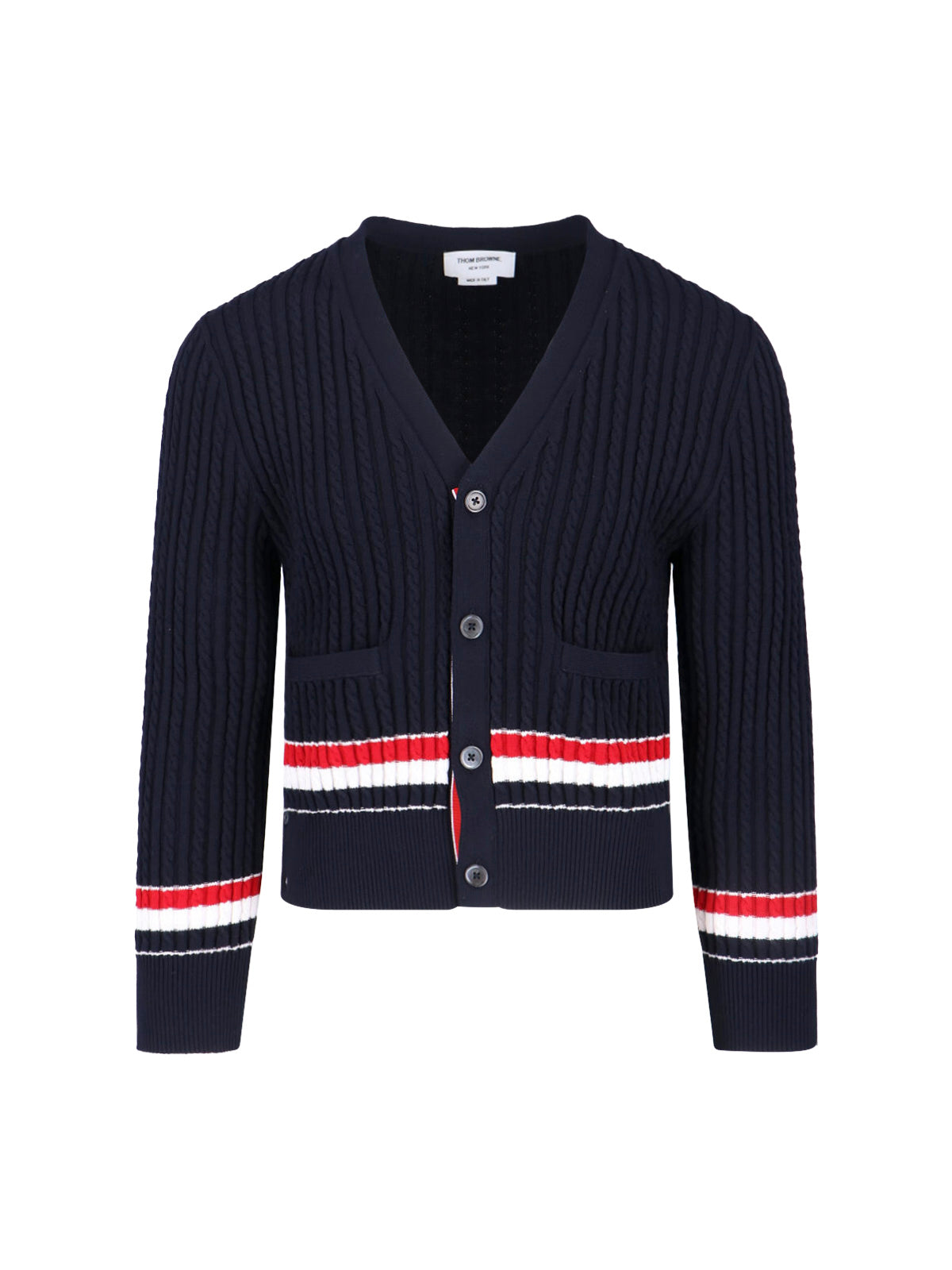 Navy Blue Knitted Cotton V-Neck Cardigan
