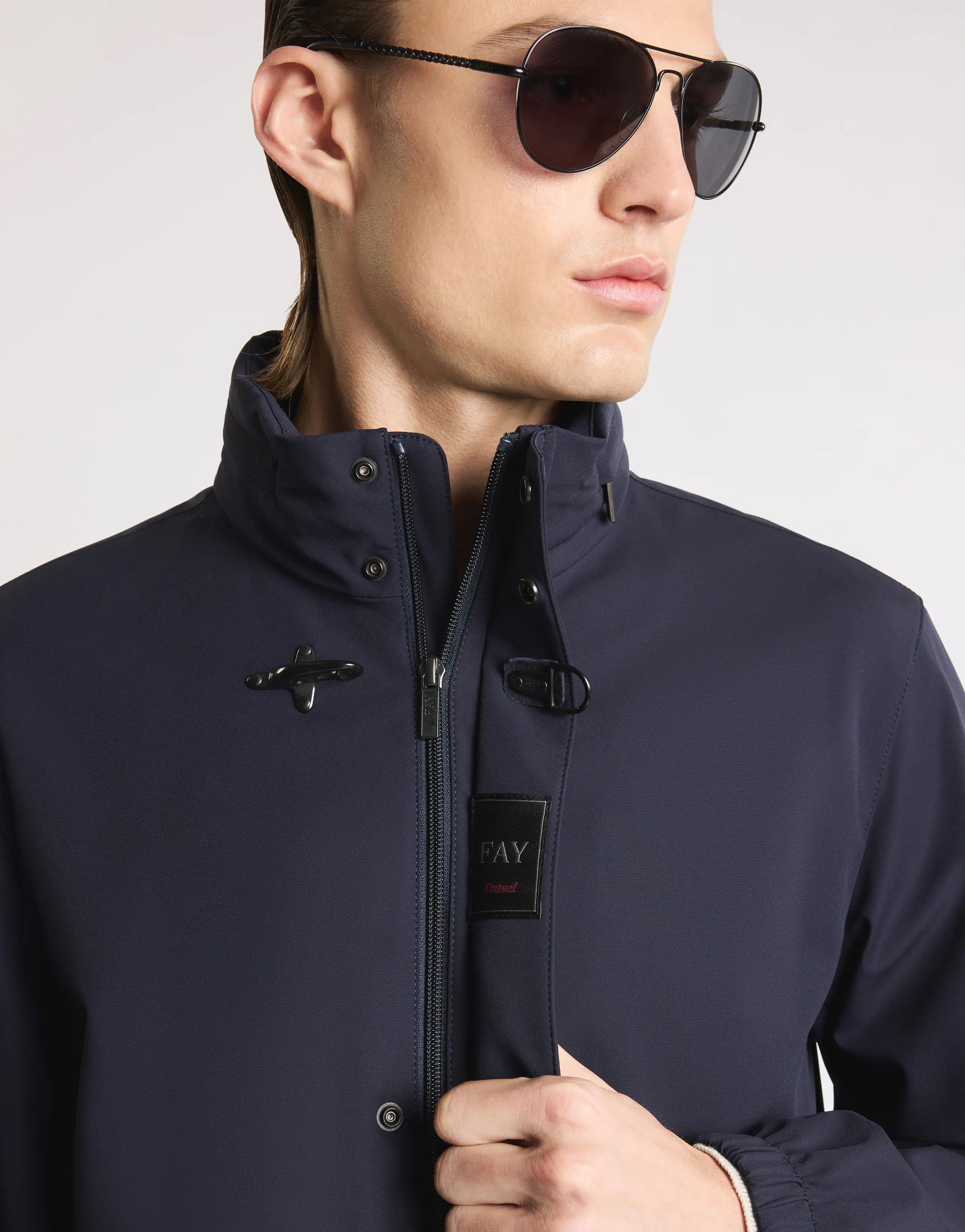 Versatile Navy Stretch Jacket with Leather Accents