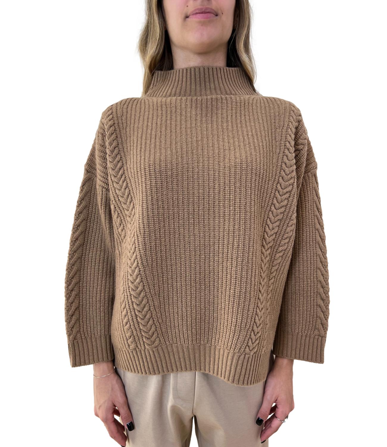 Textured Cable Knit Sweater With High Neckline