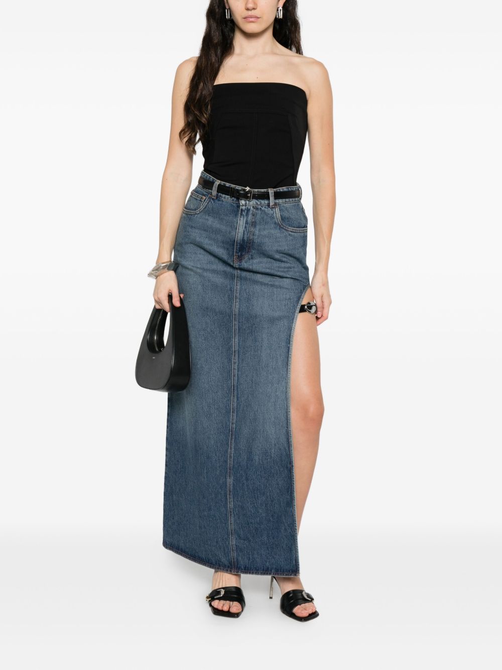 High-Waisted Blue Denim Midi Skirt