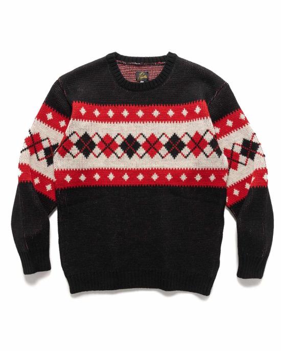 Argyle Pattern Wool Sweater With Crew Neckline And Ribbed Details
