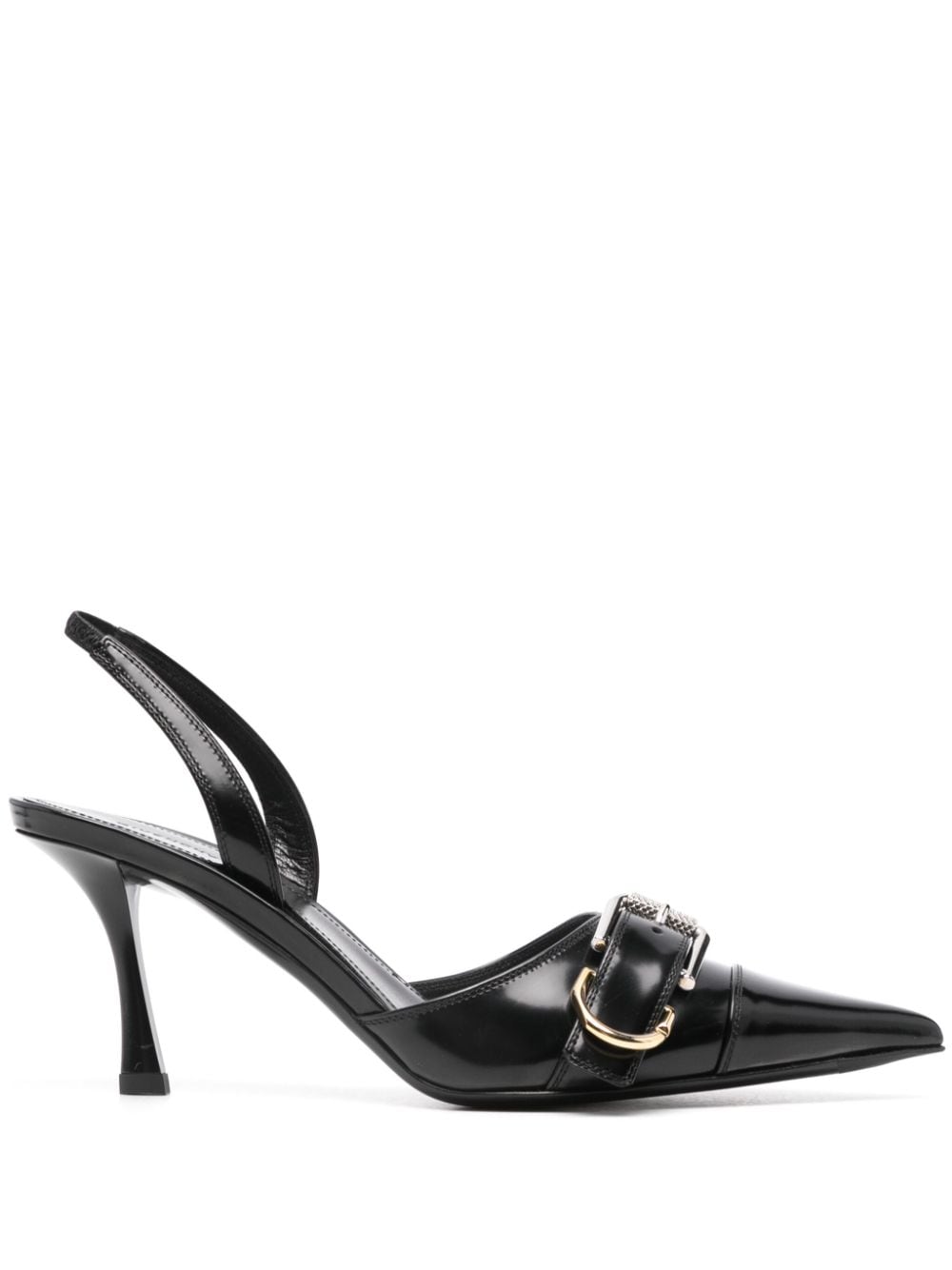 Panelled Black Calf Leather Slingback Pumps