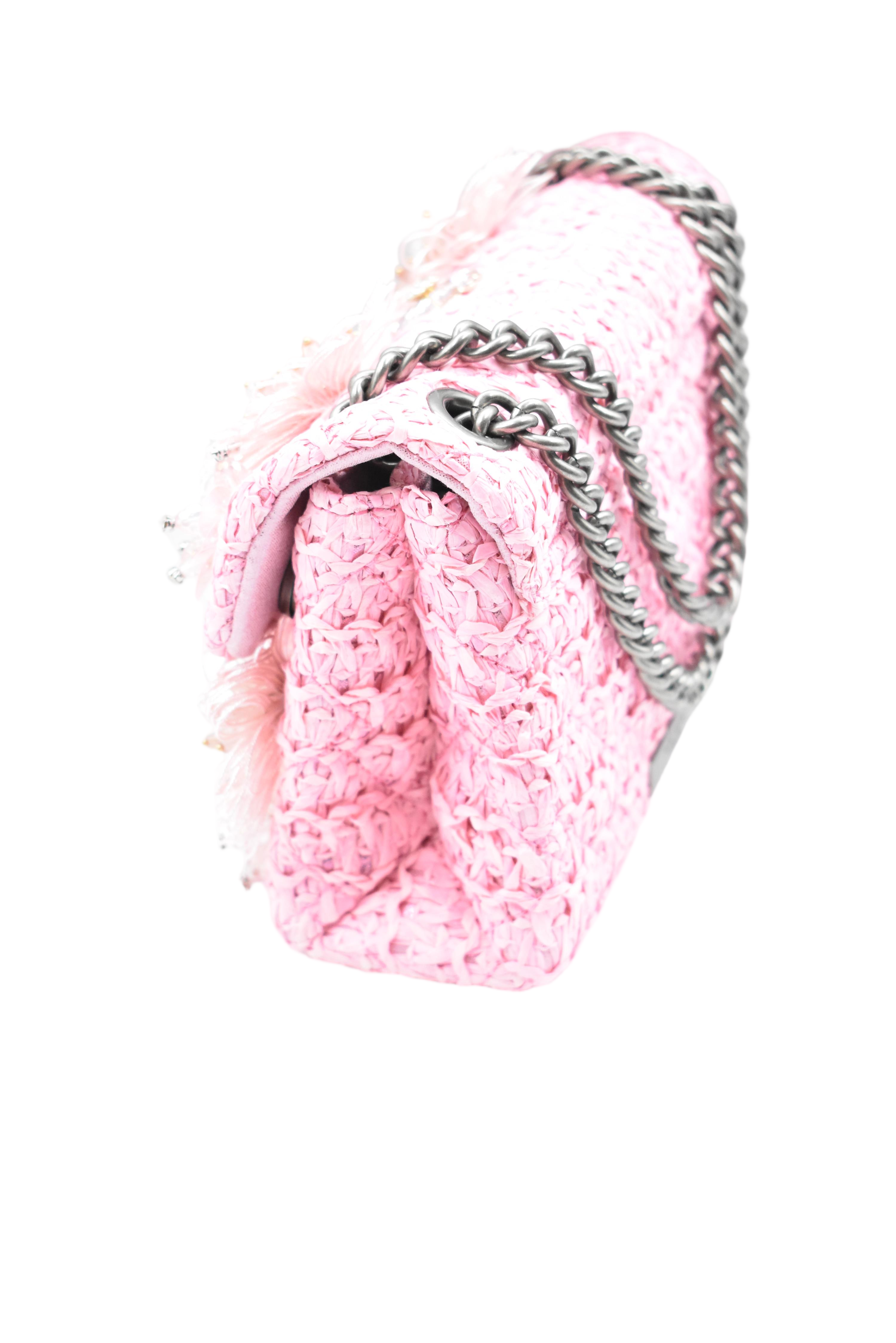 Intricately Crocheted Pink Shoulder Bag With Floral Appliqués