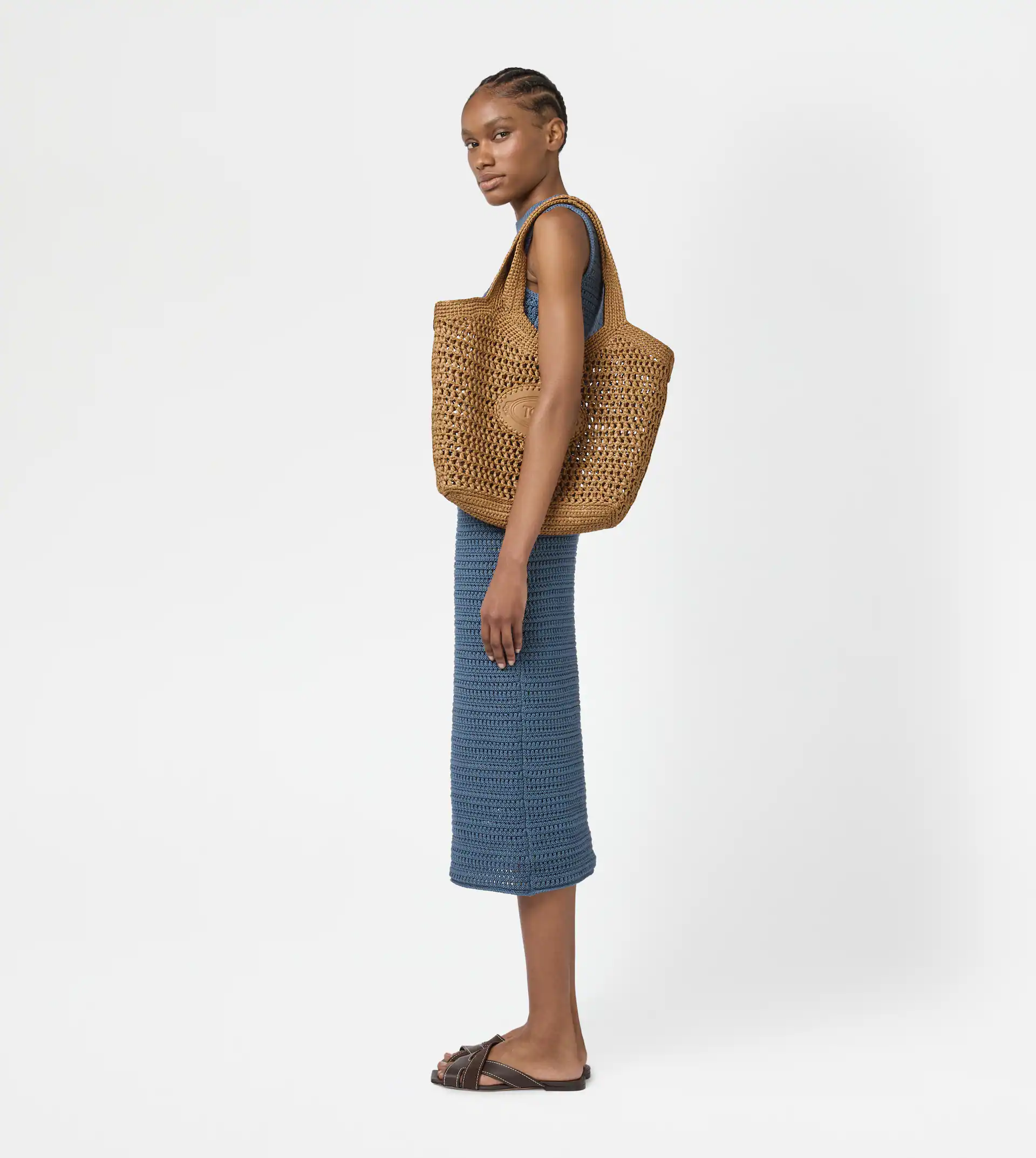 Medium Woven Tote Bag with Leather Logo Patch