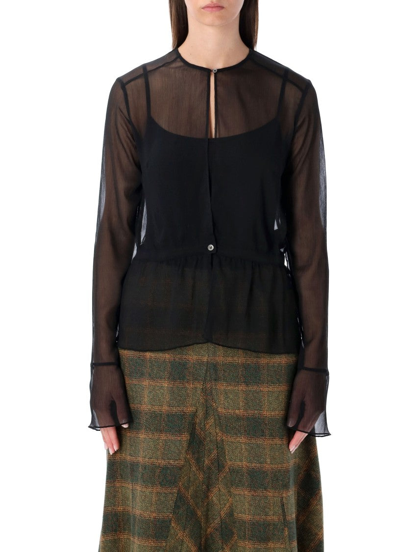 Black Sheer Crinkle Waist Blouse