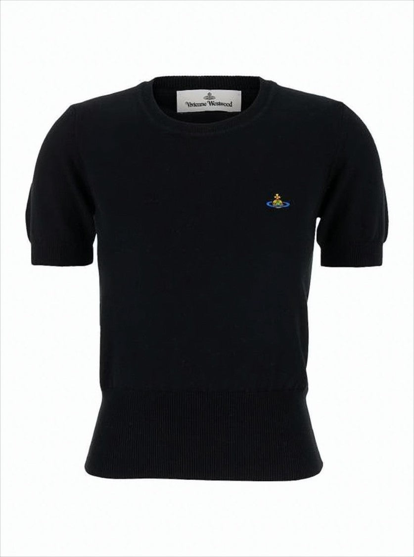 Fitted Short Puff Sleeve Sweater with Embroidered Emblem