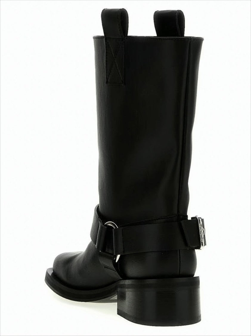 Mid-Calf Leather Boots with Decorative Strap and Buckle Detail