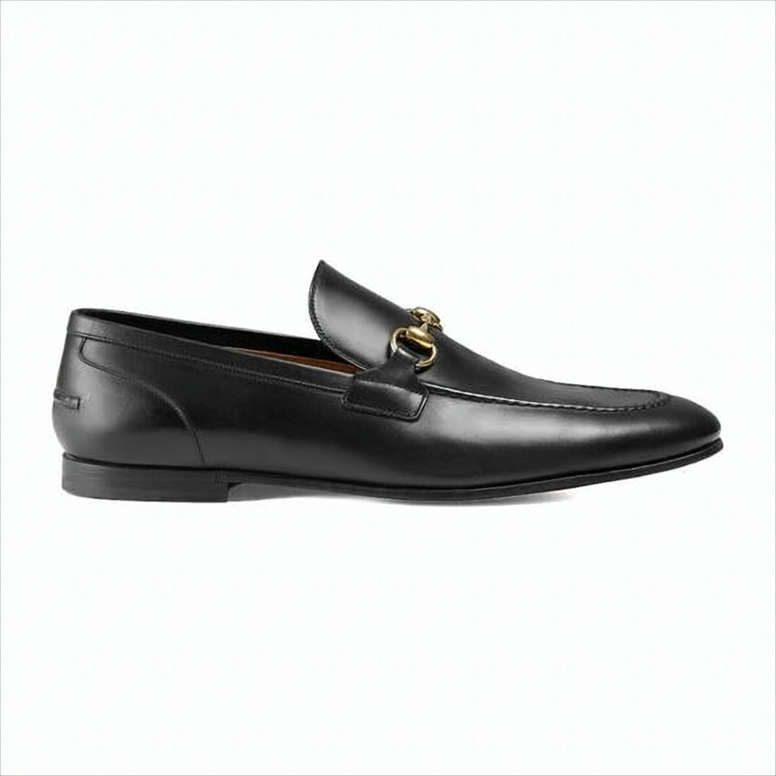 Black Leather Loafers with Gold Horsebit Detail