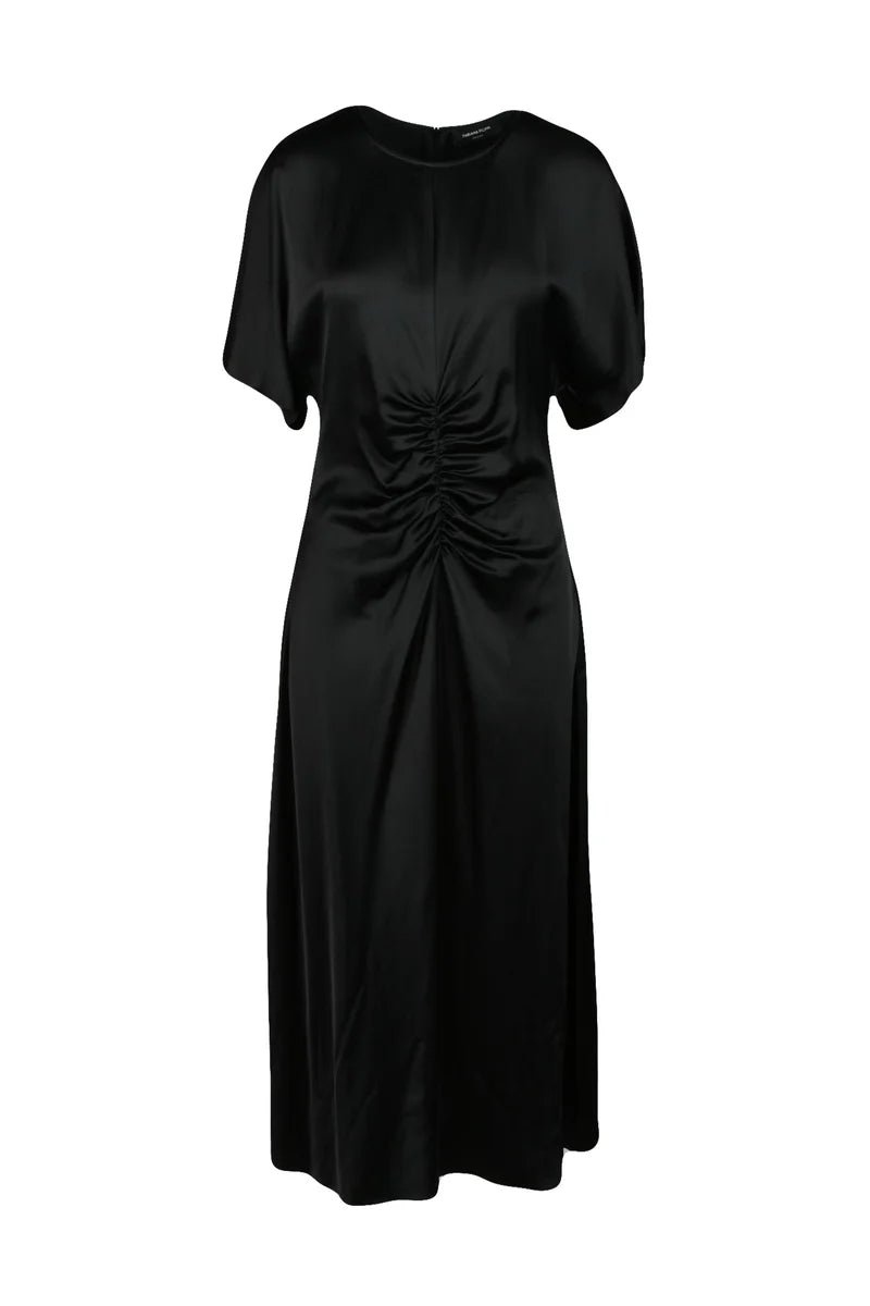Long Satin Dress Ruched - Black