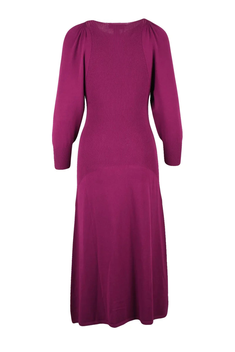 Long Knit Dress Puff Sleeve - Fuchsia