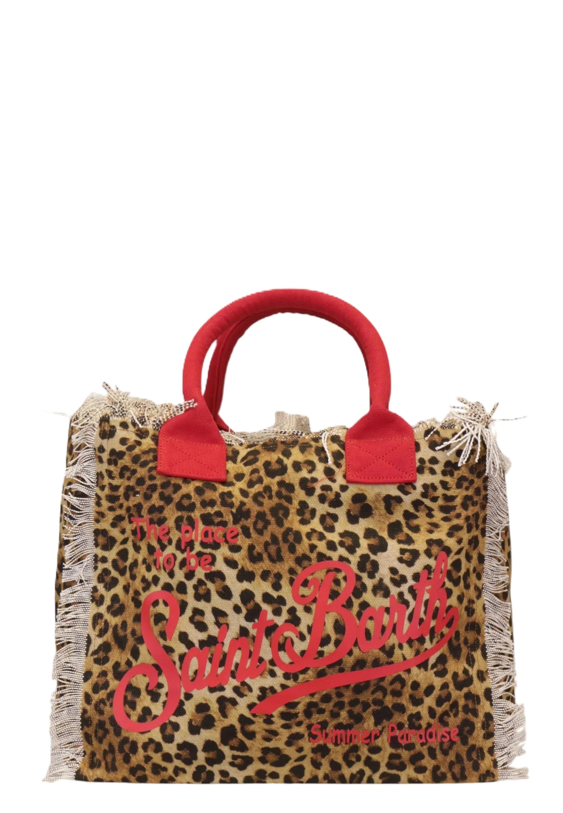 Fringed Leopard Print Tote Bag with Red Accents